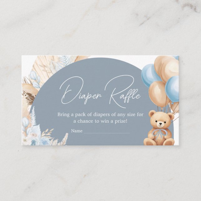 Boho Blue Bear Balloon Baby Shower Diaper Raffle Enclosure Card (Front)
