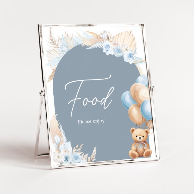 Boho Blue Bear Balloon Baby Shower Food Poster (Sage Blue Balloons Baby Shower Food Sign)
