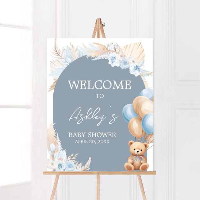 Boho Blue Bear Balloon Baby Shower Welcome Poster (Sage Blue Balloons Baby Shower Welcome Sign)