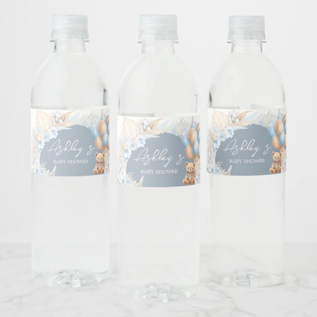 Boho Blue Bear Balloon  Water Bottle Label (Bottles)