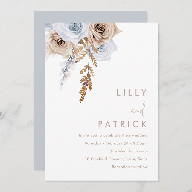 Boho Blue & Beige Flowers Modern Wedding Invitation (Front/Back)