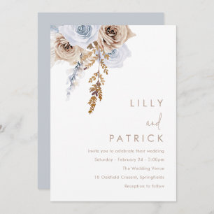 Boho Blue & Beige Flowers Modern Wedding Invitation