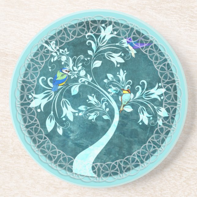 Boho Blue Birds Tree Beverage Coaster (Front)
