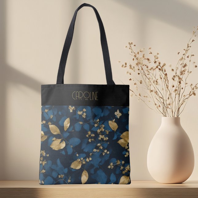 Boho Blue Black leaves Trendy Chic Tote Bag (Creator Uploaded)