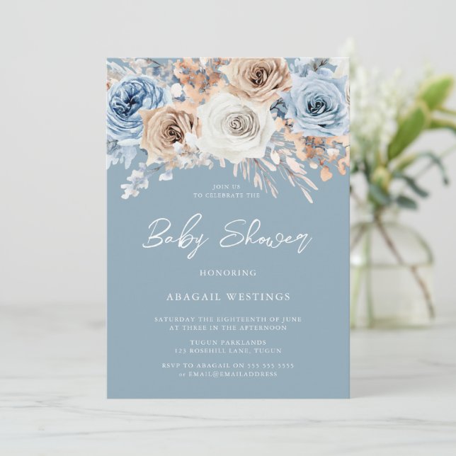 Boho Blue Bohemian Floral Boys Baby Shower Invitation (Standing Front)