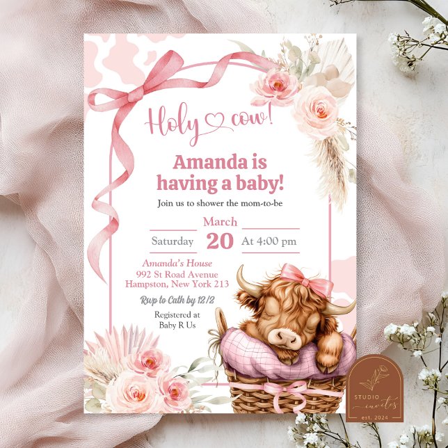 Boho Blue Bow Highland Cow Baby Shower Invitation (Creator Uploaded)