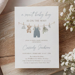 Boho Blue Boy Baby Clothes Baby Shower Invitation
