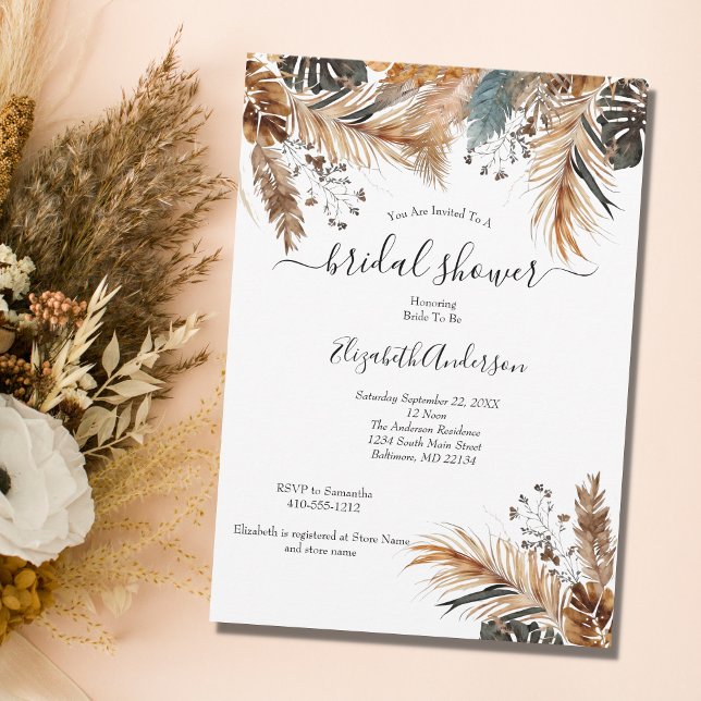 Boho Blue Brown Pampas Grass Palm Leaves Bridal Sh Invitation (Creator Uploaded)