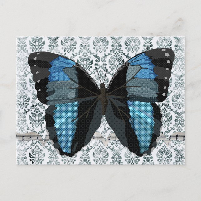 Boho Blue Butterfly Damask Postcard (Front)