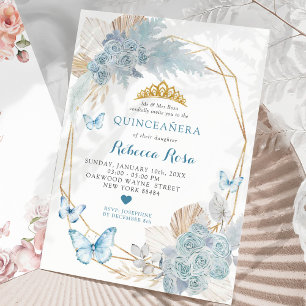 Boho Blue Butterfly Geometric Quinceañera Invitation