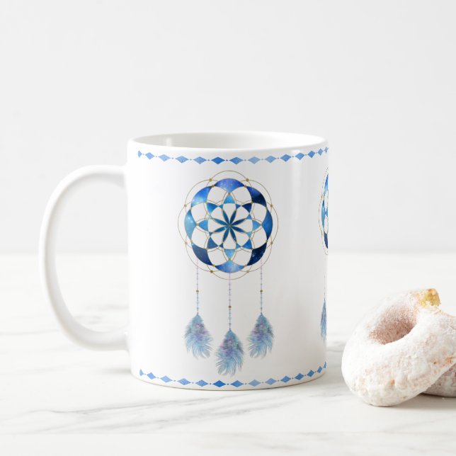 Boho Blue Celestial Sky Mandala Chic Dreamcatcher Coffee Mug (With Donut)