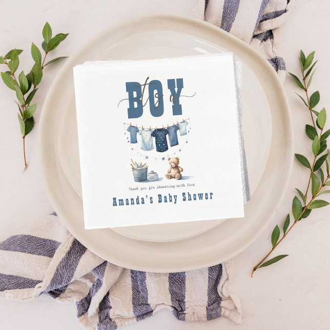 Boho Blue Clothesline Sweet Its a Boy Baby Shower Napkin (Creator Uploaded)