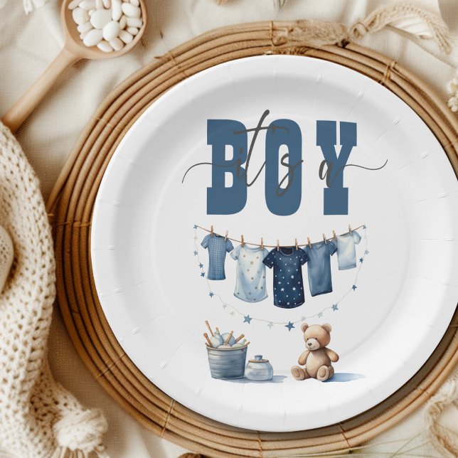 Boho Blue Clothesline Sweet Its a Boy Baby Shower Paper Plate (Creator Uploaded)