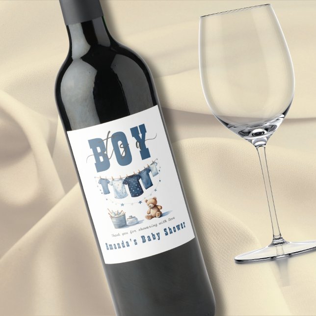 Boho Blue Clothesline Sweet Its a Boy Baby Shower Wine Label (Creator Uploaded)