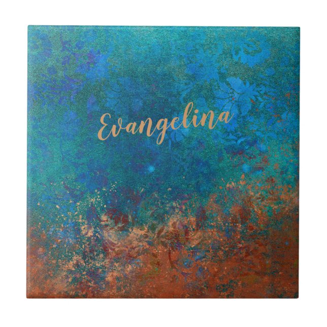 Boho Blue Copper Rustic Ceramic Tile (Front)