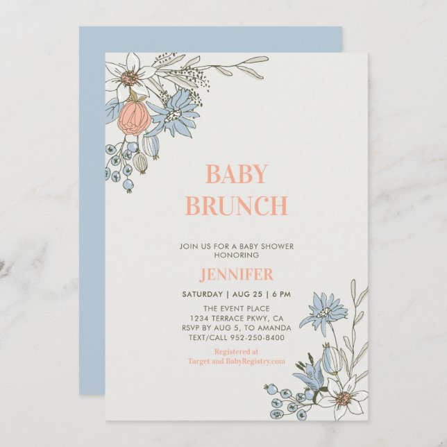 Boho Blue & Coral Floral Baby Brunch Shower Invitation (Front/Back)