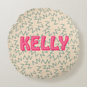 Boho Blue Cream Pink Zig Zag Ikat-Inspired Pattern Round Cushion