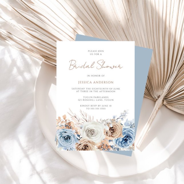 Boho Blue Dusty Blue Bohemian Floral Bridal Shower Invitation (Creator Uploaded)