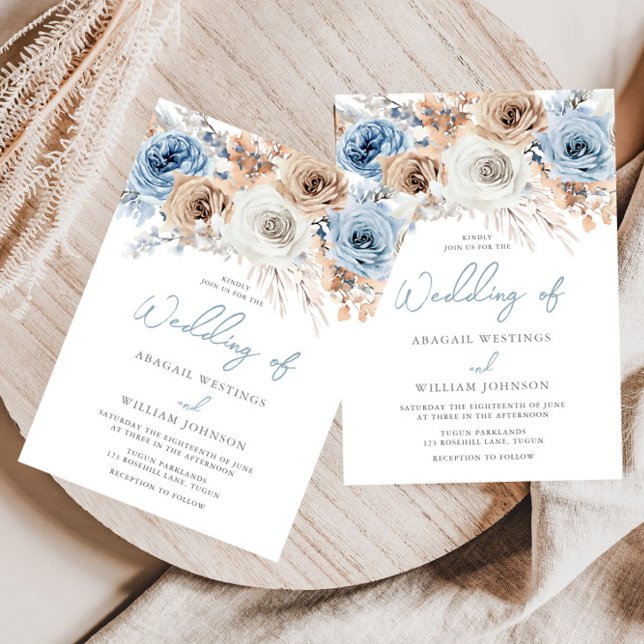 Boho Blue: Dusty Blue Bohemian Floral Wedding Invitation (Creator Uploaded)