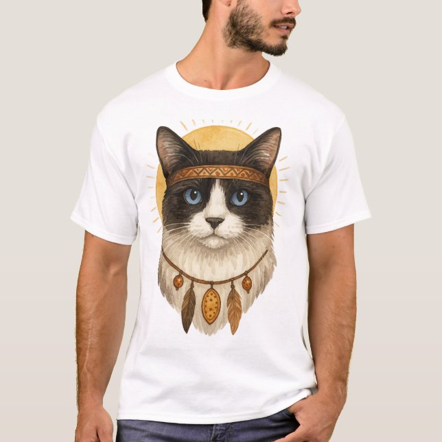 Boho Blue-Eyed Cat Dreamcatcher Graphic T-Shirt (Front)