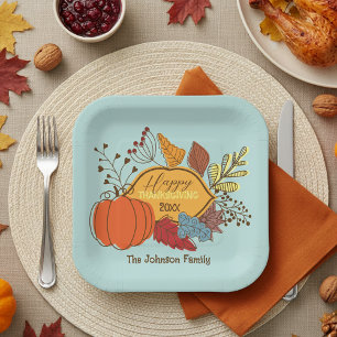 Boho Blue Fall Foliage Family Thanksgiving Paper Plate