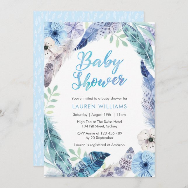 Boho blue feather Baby Shower invitation (Front/Back)