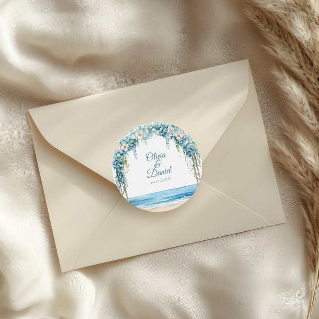 Boho Blue Floral Arch Beach Wedding Classic Round Sticker (Boho Blue Floral Arch Beach Wedding Classic Round Sticker on a wedding envelope.)