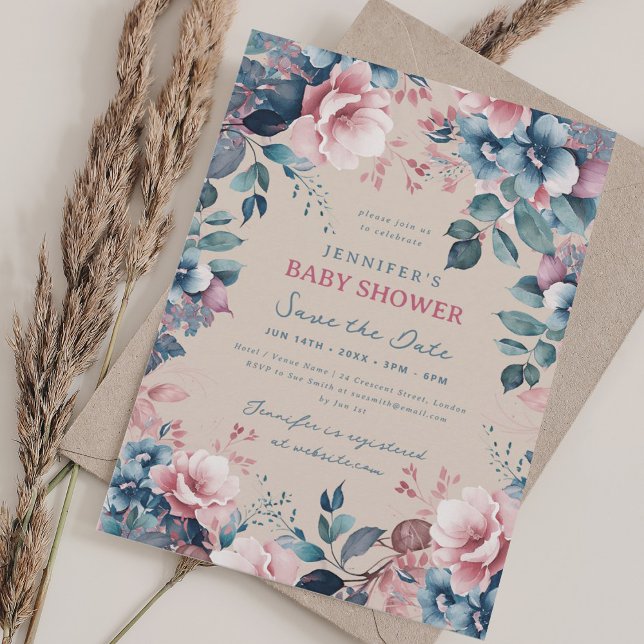 Boho Blue Floral Baby Shower Save Date Champagne Invitation (Boho Blue Floral Baby Shower Save Date Champagne Invitation)
