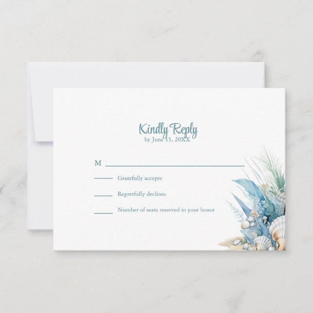 Boho Blue Floral Beach and Shell Wedding RSVP Card (Front)