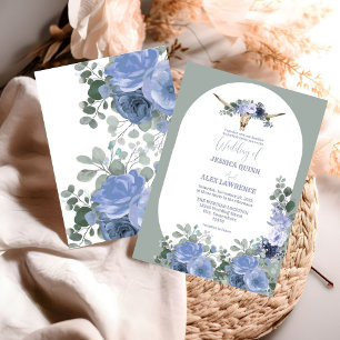 Boho Blue Floral Boots Cowboy Western Wedding Invitation