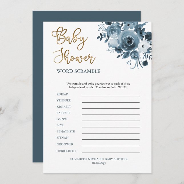 Boho Blue Floral Boy Baby Shower Word Scramble Invitation (Front/Back)