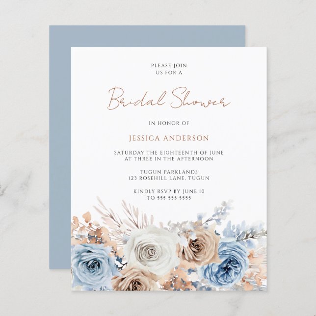 Boho Blue Floral Budget Bridal Shower Invitation (Front/Back)