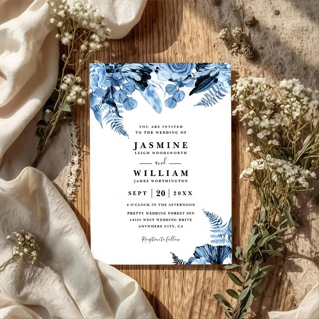 Boho Blue Floral Elegant Modern QR Code Wedding Invitation (Creator Uploaded)