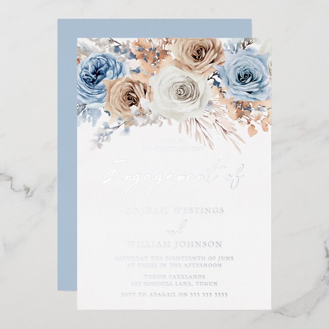 Boho Blue Floral Engagement Party Silver (Front/Back)