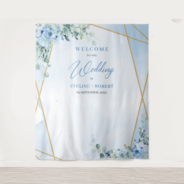 Boho blue floral eucalyptus and gold frame Wedding Tapestry (Front)
