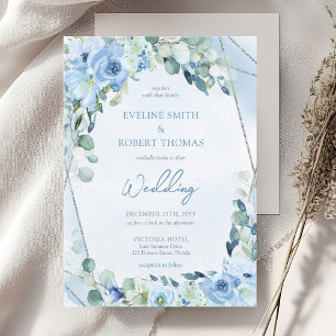 Boho blue floral eucalyptus and silver wedding invitation