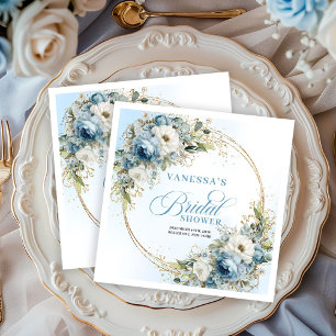 Boho blue floral eucalyptus gold bridal shower  napkin