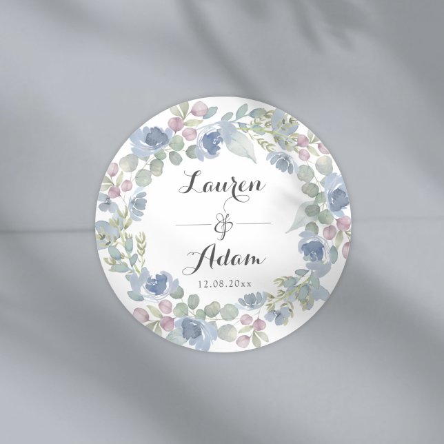 Boho Blue Floral & Eucalyptus Wreath Wedding Classic Round Sticker (Creator Uploaded)
