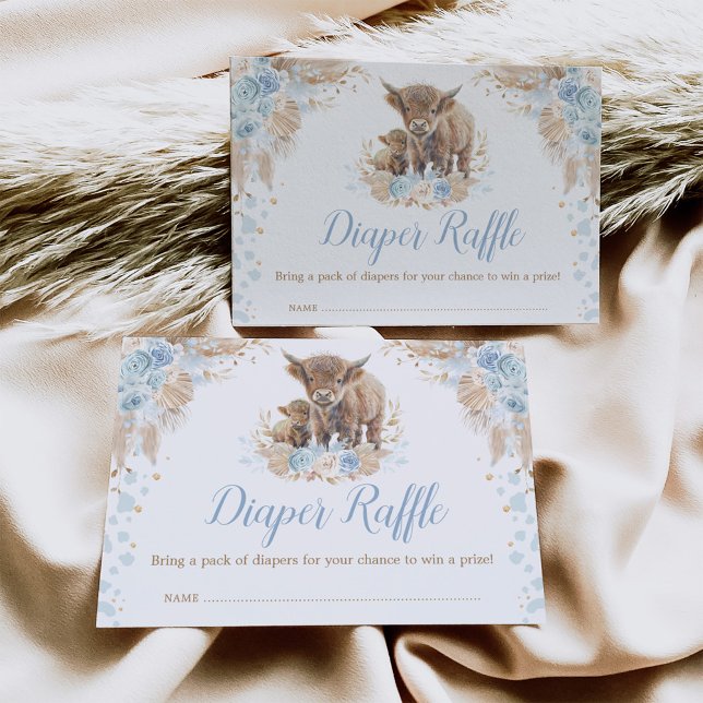 Boho Blue Floral Highland Cow Diaper Raffle Enclosure Card (Creator Uploaded)