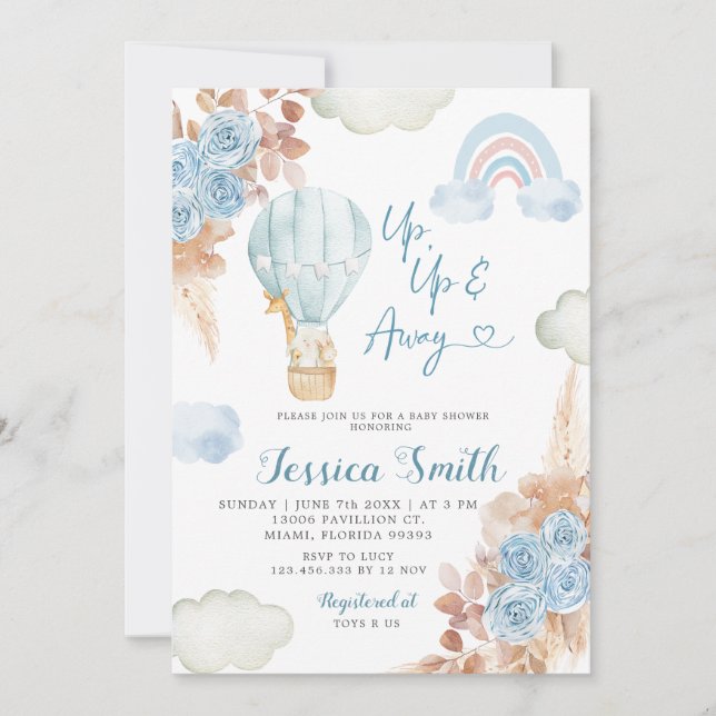 Boho Blue Floral Hot Air Balloon Baby Shower Invitation (Front)