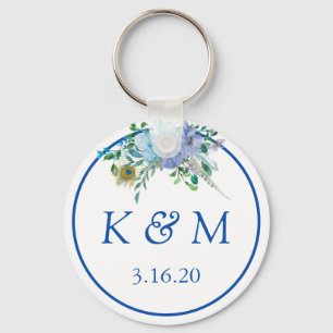 Boho Blue Floral Monogram Wedding Favour Key Ring