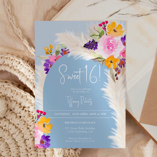 Boho blue floral pampas desert arch Sweet 16 Invitation (Boho blue floral pampas desert arch Sweet 16 Invitation)