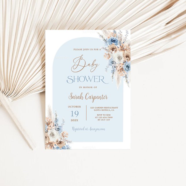 Boho Blue Floral Pampas Grass Baby Shower Boy Invitation (Creator Uploaded)