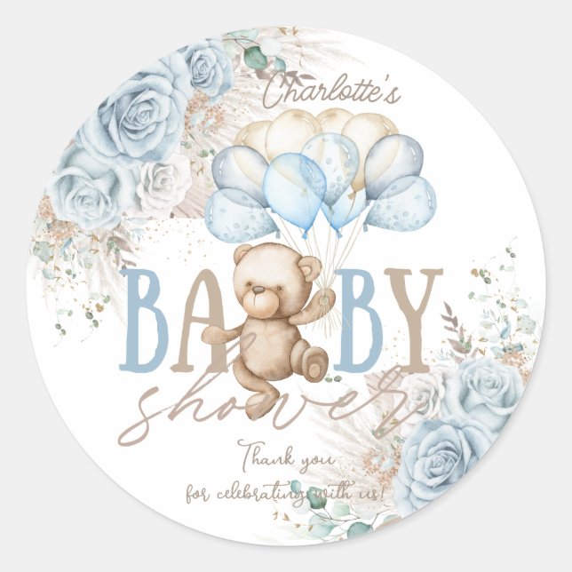 Boho Blue Floral Pampas Teddy Bear Boy Baby Shower Classic Round Sticker (Front)