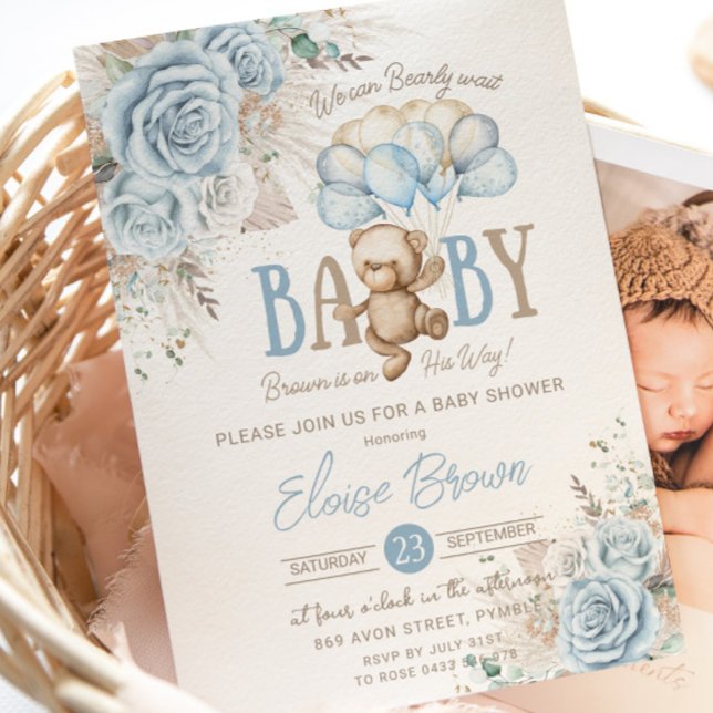 Boho Blue Floral Pampas Teddy Bear Boy Baby Shower Invitation (Creator Uploaded)