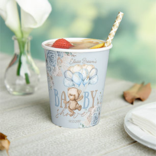 Boho Blue Floral Pampas Teddy Bear Boy Baby Shower Paper Cups