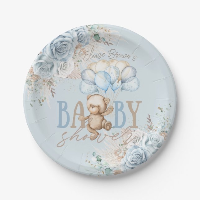 Boho Blue Floral Pampas Teddy Bear Boy Baby Shower Paper Plate (Front)
