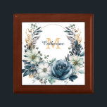 Boho Blue Floral Wreath Monogram Gift Box<br><div class="desc">On the cover of this box is the image of a beautiful boho style floral wreath built along a thin gold circle frame. Colours used include tones of blue, gold, and creamy white. Your monogram is in matching gold at the centre, with your name or other text in blue over...</div>
