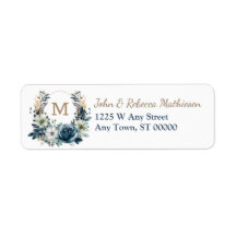 Boho Blue Floral Wreath Monogram Return Address