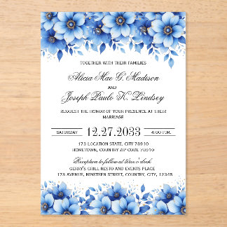 Boho Blue Florals Elegant Wedding Invitation